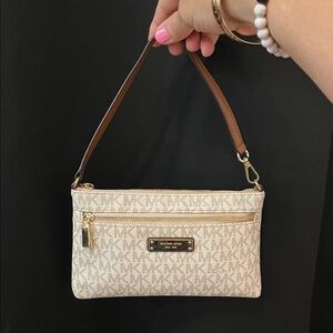 Michael Kors EUC Beige and Brown Logo Mini Shoulder Bag / Wristlet